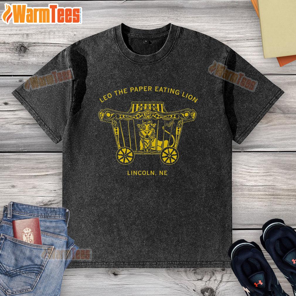 Premium Leo the Paper Eating Lion washed t-shirt featuring a vibrant lion graphic, perfect for casual wear.