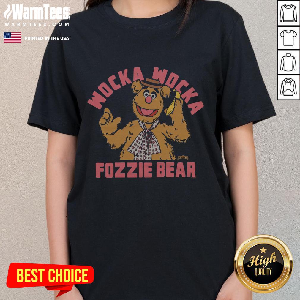 Alt Text: Premium Muppets Fozzie Bear Wocka Wocka ladies tee featuring vibrant colors and a fun design for fans.