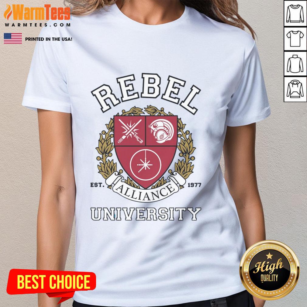 Premium Rebel Alliance University Ladies Tee featuring stylish design for fans of Star Wars and casual wear enthusiasts.