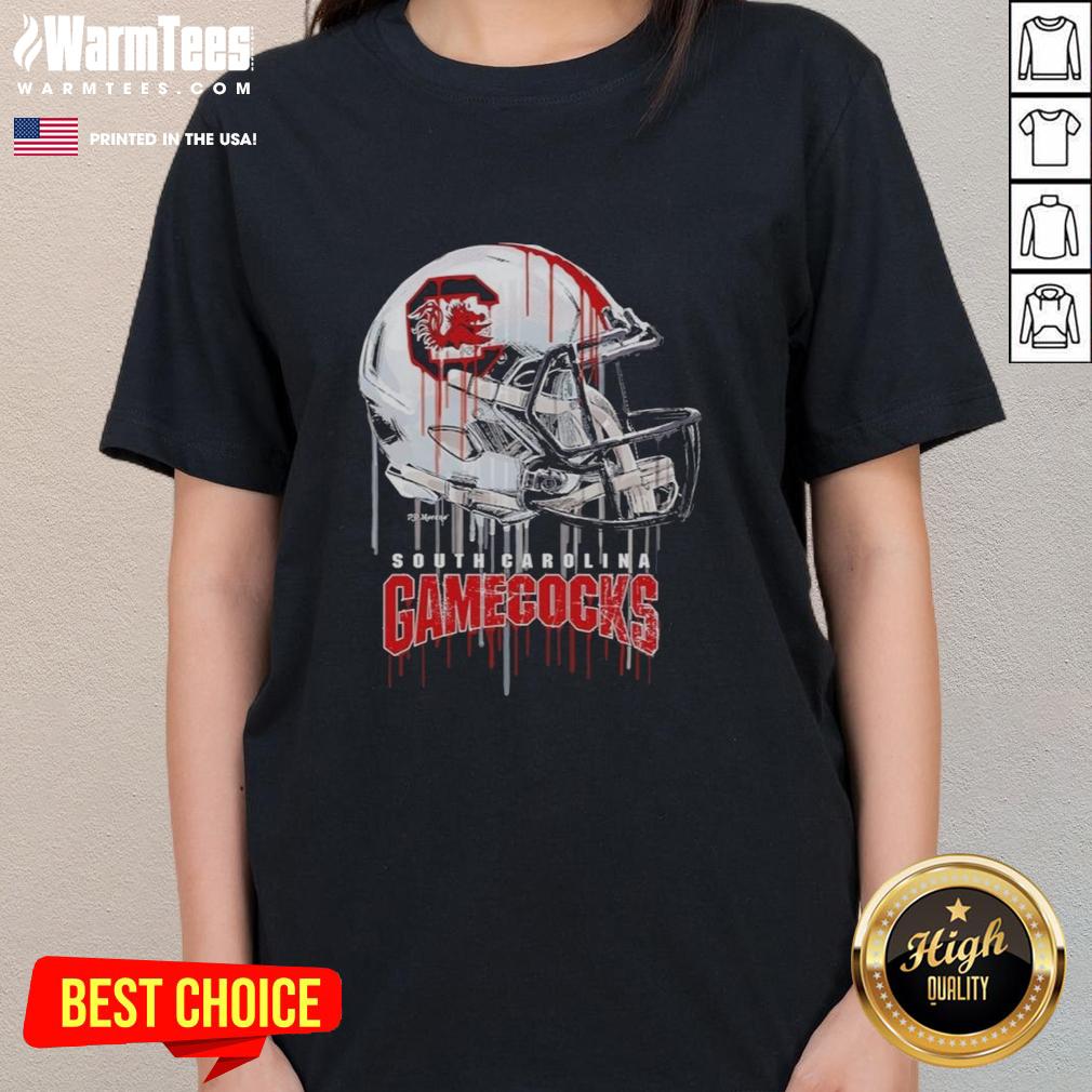 Premium South Carolina Gamecocks dripping football helmet ladies tee, perfect for game day and showcasing team spirit.