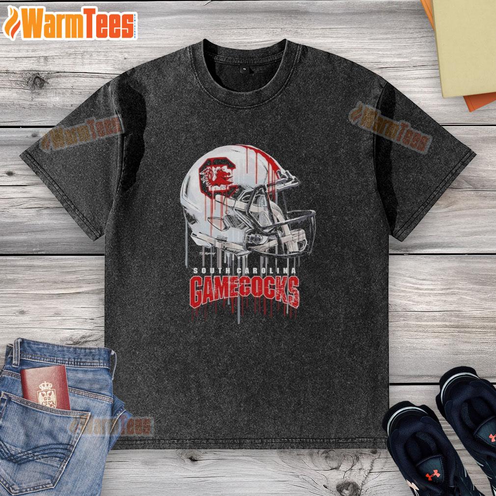 Alt Text: Premium South Carolina Gamecocks dripping football helmet washed t-shirt, perfect for fans and game day attire.