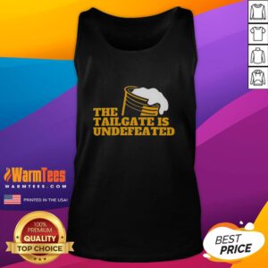Premium 'The Tailgate Is Undefeated' logo tank top showcasing vibrant design, perfect for game day and casual wear.
