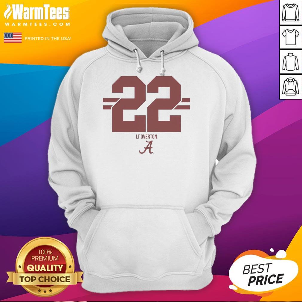 Alt Text: Top Alabama Crimson Tide Football LT Overton 22 Stripe Hoodie in crimson and white, perfect for game day wear.