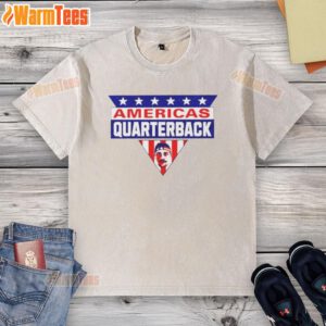 Top Americas Quarterback MVP Buffalo washed t-shirt displayed on a hanger, showcasing a stylish sports apparel design.