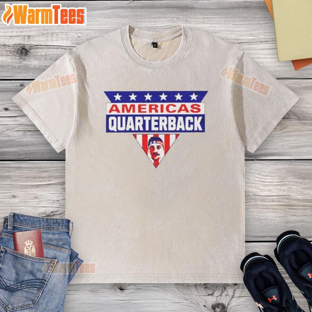 Top Americas Quarterback MVP Buffalo washed t-shirt displayed on a hanger, showcasing a stylish sports apparel design.