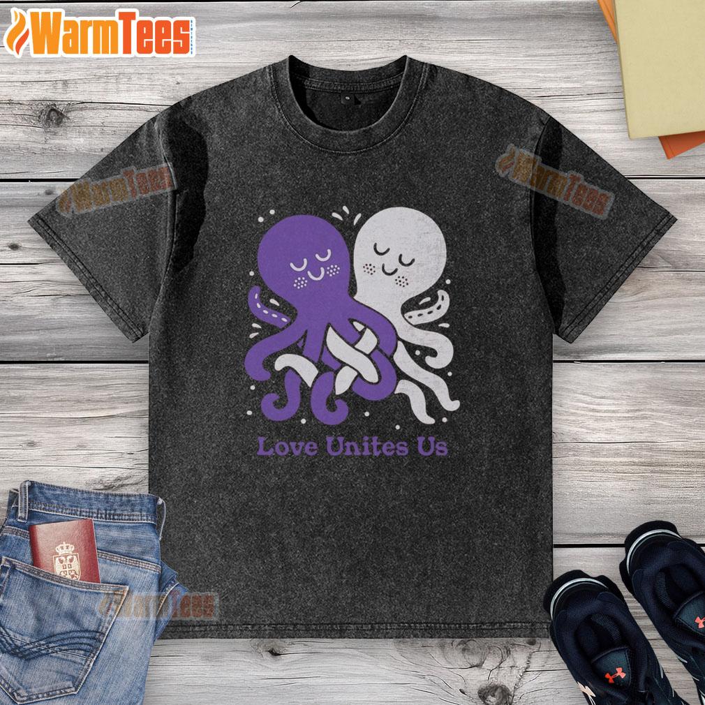 Top Love Unites Us Octopi washed t-shirt featuring vibrant octopus design, perfect for ocean lovers and casual wear.