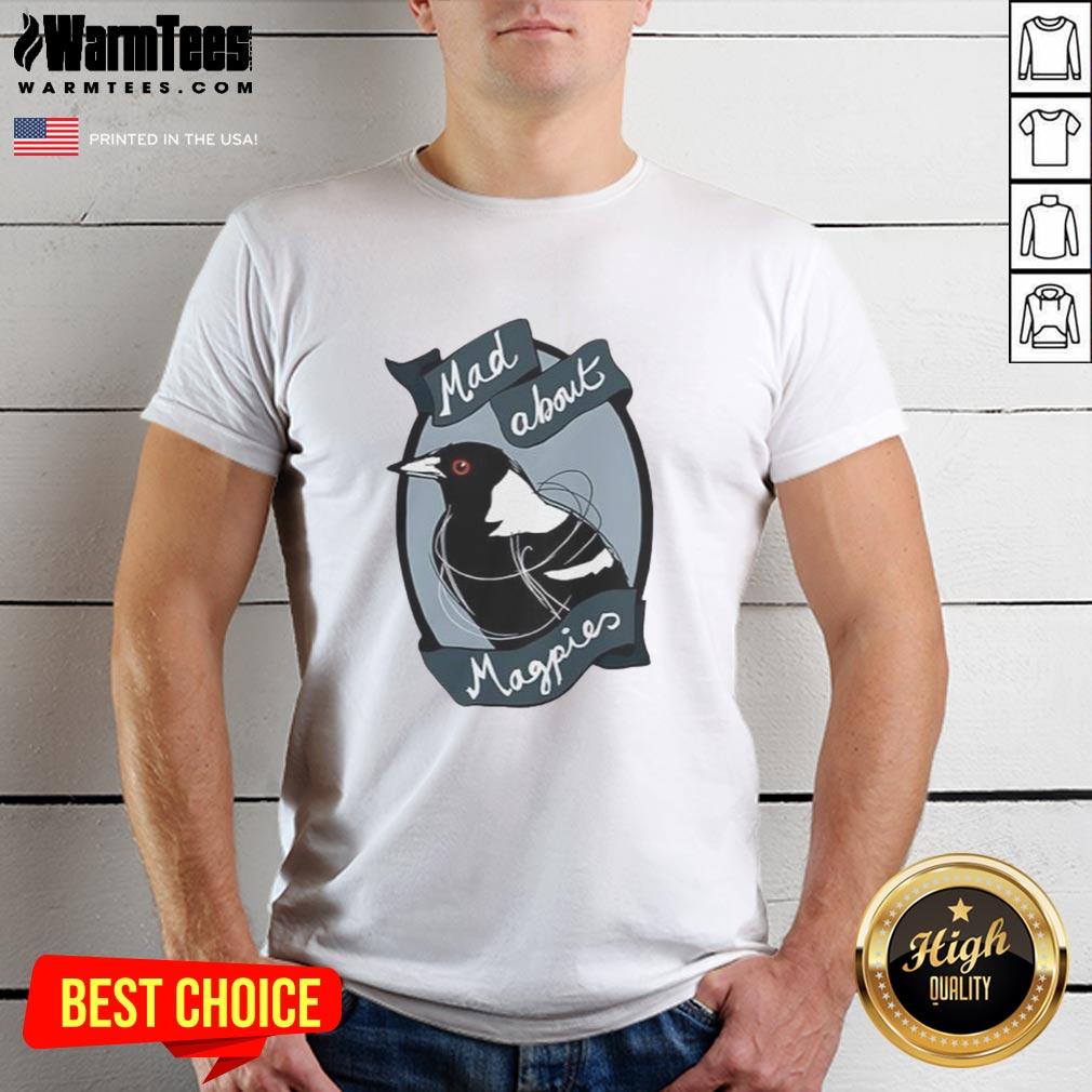 Alt Text: Top Mad About Magpies Logo T-Shirt featuring a vibrant design of a magpie, perfect for fans and bird lovers.