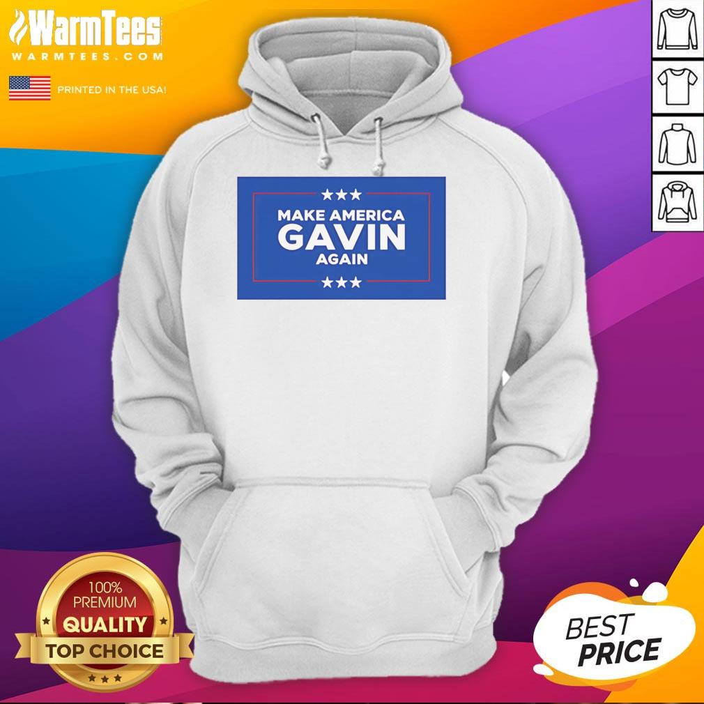 Gavin wearing a 'Top Make America Gavin Again' hoodie, showcasing a bold political statement in vibrant colors.