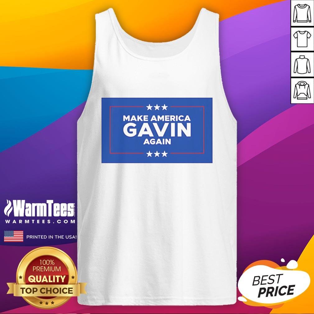 Top Make America Gavin Again Tank Top featuring a bold graphic design, perfect for casual summer wear and political statements.