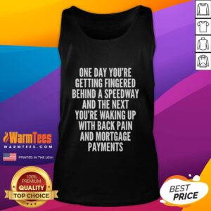 Person in a tank top waking up with back pain, reflecting on life and mortgage payments after a long day.