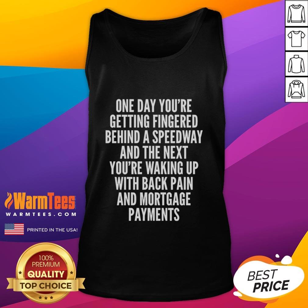 Person in a tank top waking up with back pain, reflecting on life and mortgage payments after a long day.