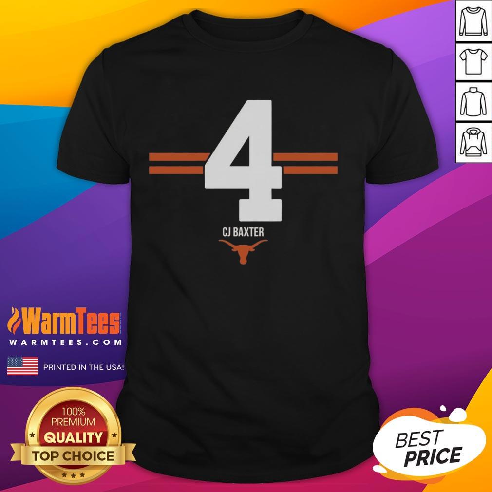 Alt Text: Top Texas Longhorns Football Cj Baxter Stripe T-Shirt showcasing team colors and player number for fans.