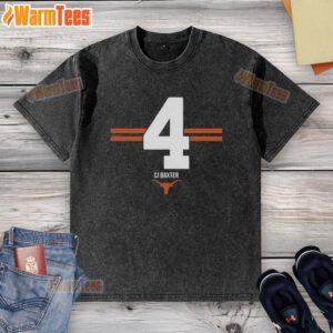 Alt Text: CJ Baxter 4 Stripe Washed T-Shirt for Texas Longhorns Football, featuring team colors and logo design.
