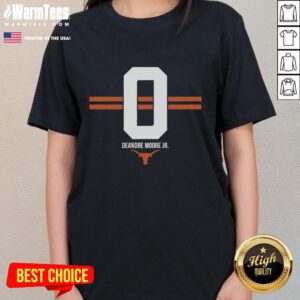 Top Texas Longhorns Football DeAndre Moore Jr. 0 Stripe Ladies Tee in vibrant colors, perfect for game day style.