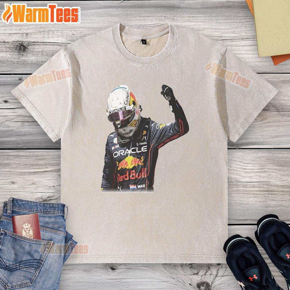 Max Verstappen victory graphic washed t-shirt showcasing vibrant design and comfortable fit for racing fans.
