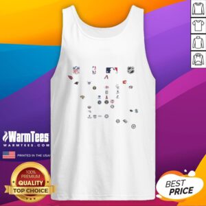 Alt Text: Awesome North American sports team logos on a tank top featuring NFL, NBA, MLB, and NHL designs.