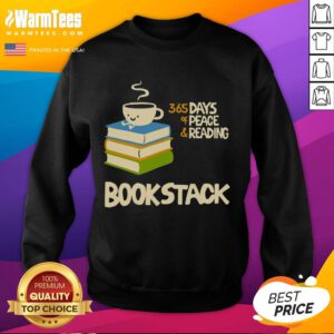 Alt Text: Cozy Cute Coffee Bookstack sweatshirt featuring 365 Days of Peace and Reading for book lovers and coffee enthusiasts.