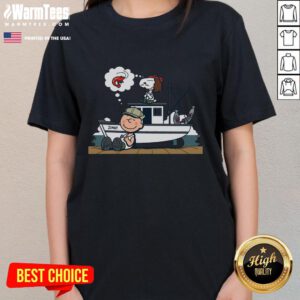 Cute shrimp and peanuts graphic on a Snoopy ladies tee, perfect for fun casual wear and seafood lovers.
