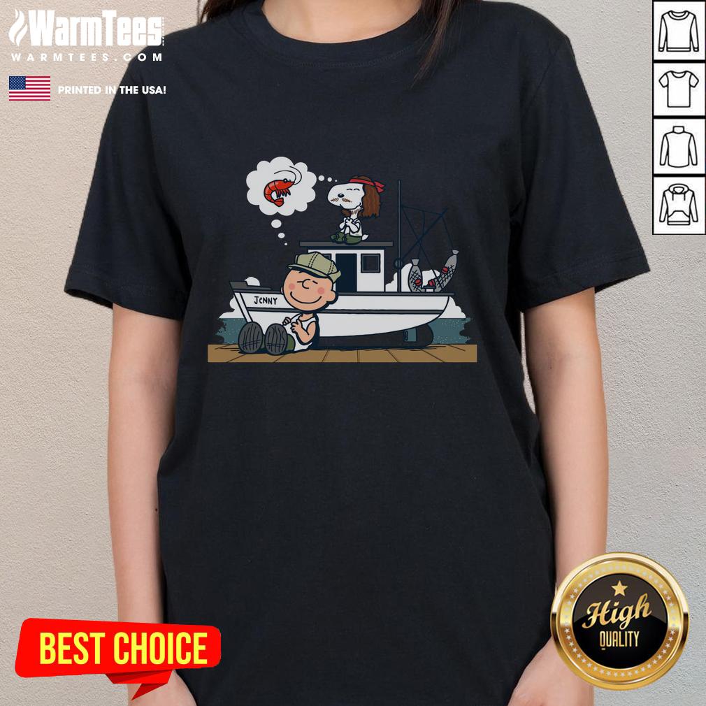Cute shrimp and peanuts graphic on a Snoopy ladies tee, perfect for fun casual wear and seafood lovers.