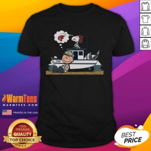 Alt Text: Cute shrimp and peanuts graphic on a Snoopy T-shirt, perfect for casual wear and seafood lovers.