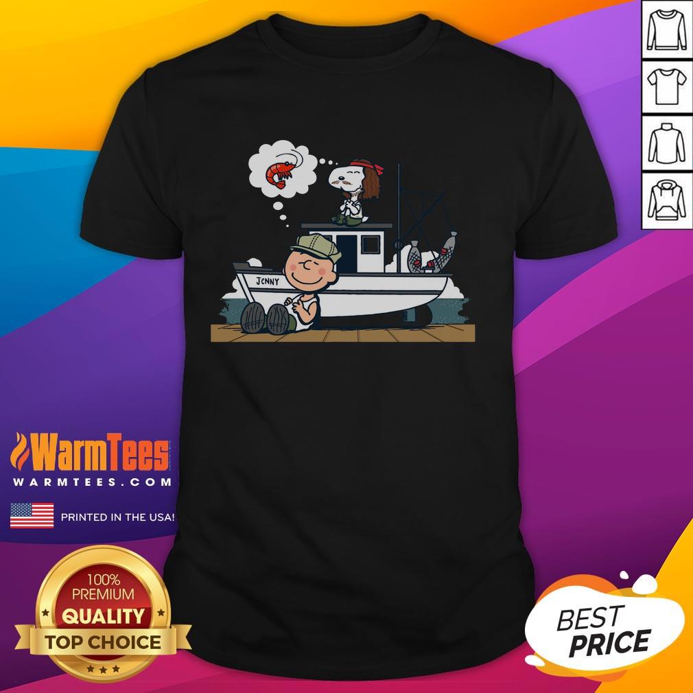Alt Text: Cute shrimp and peanuts graphic on a Snoopy T-shirt, perfect for casual wear and seafood lovers.