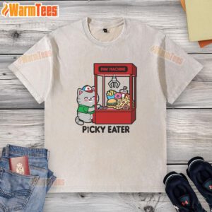 Funny cat paw machine design on a washed t-shirt, perfect for picky eaters and cat lovers.