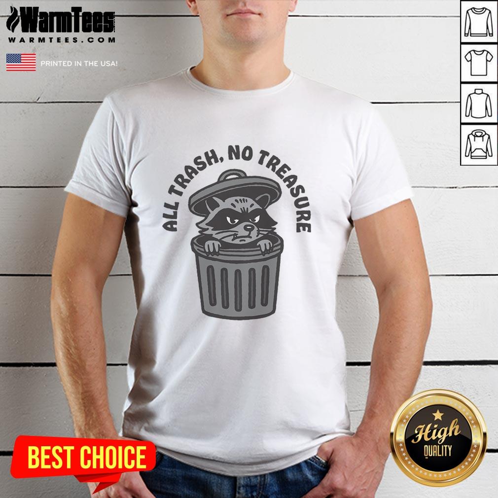 Alt Text: Humorous 'Funny Raccoon All Trash No Treasure' T-Shirt design featuring a playful raccoon among garbage.