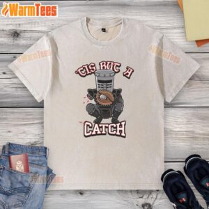 Alt Text: Funny Tis But A Catch Baseball Knight washed t-shirt featuring a humorous knight graphic with a baseball theme.