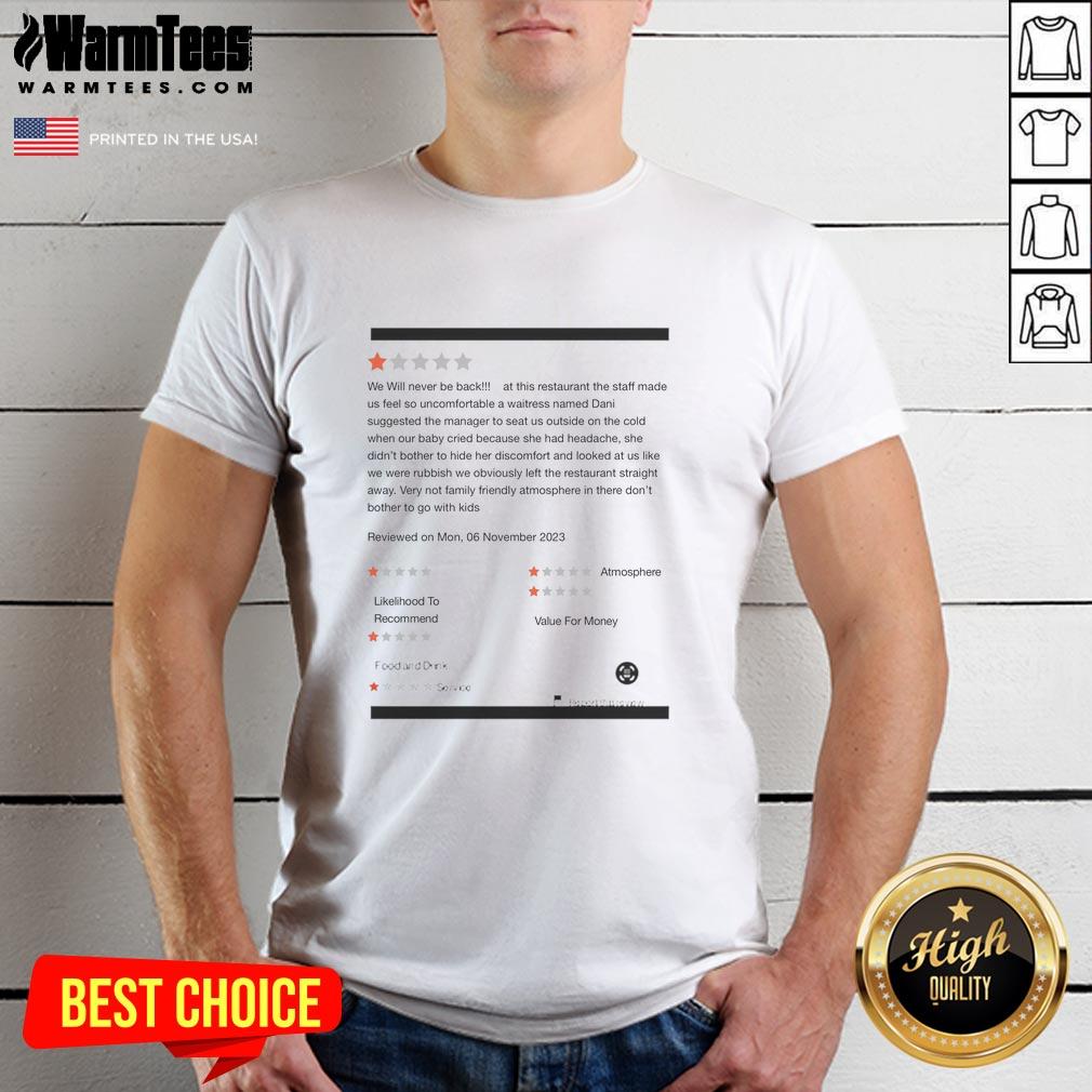 Alt Text: Funny We Will Never Be Back At This Restaurant staff t-shirt, featuring humorous design and playful text.