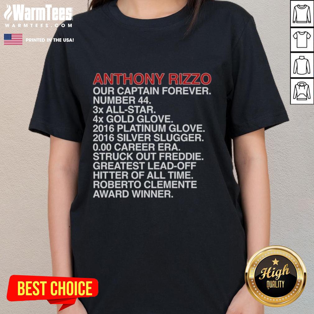 Good Anthony Rizzo Our Captain's Accomplishments ladies tee showcasing Rizzo's achievements in stylish design.