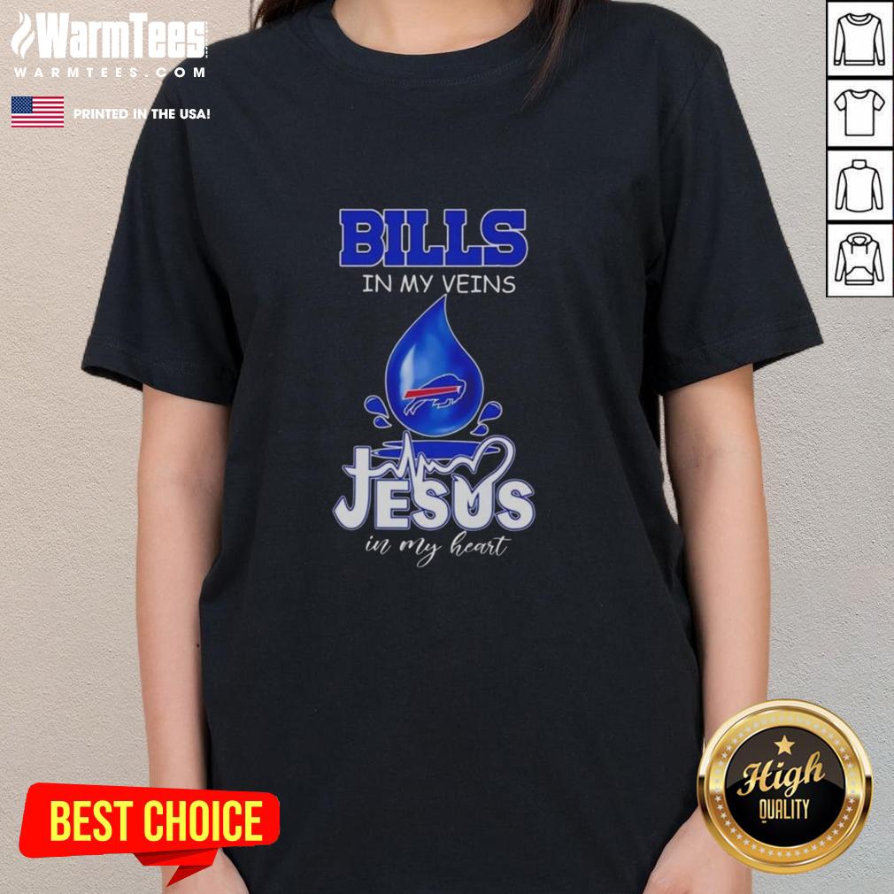 Good Buffalo Bills in My Veins, Jesus in My Heart graphic tee for football lovers, perfect for ladies' casual wear.