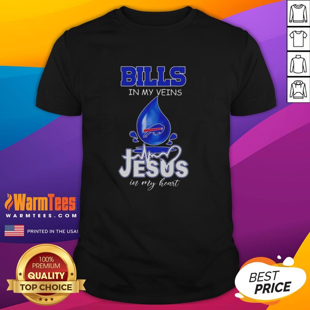 Buffalo Bills fan t-shirt featuring 'Good Buffalo Bills In My Veins Jesus In My Heart' design, perfect for football lovers.