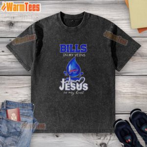 Alt Text: Good Buffalo Bills in My Veins Jesus in My Heart washed T-shirt for football lovers, featuring a vibrant design.