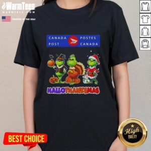 Happy HalloThanksMas ladies tee featuring Good Canada Post X Grinch cosplay design, perfect for festive celebrations.