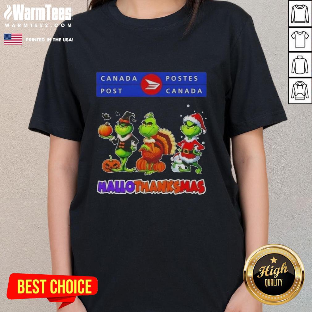 Happy HalloThanksMas ladies tee featuring Good Canada Post X Grinch cosplay design, perfect for festive celebrations.