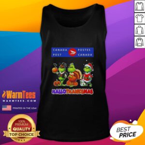 Good Canada Post X Grinch cosplay tank top for Happy HalloThanksMas featuring festive design and vibrant colors.