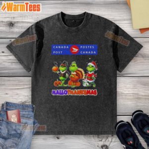 Good Canada Post X Grinch Cosplay Happy HalloThanksMas washed t-shirt featuring vibrant holiday-themed design.