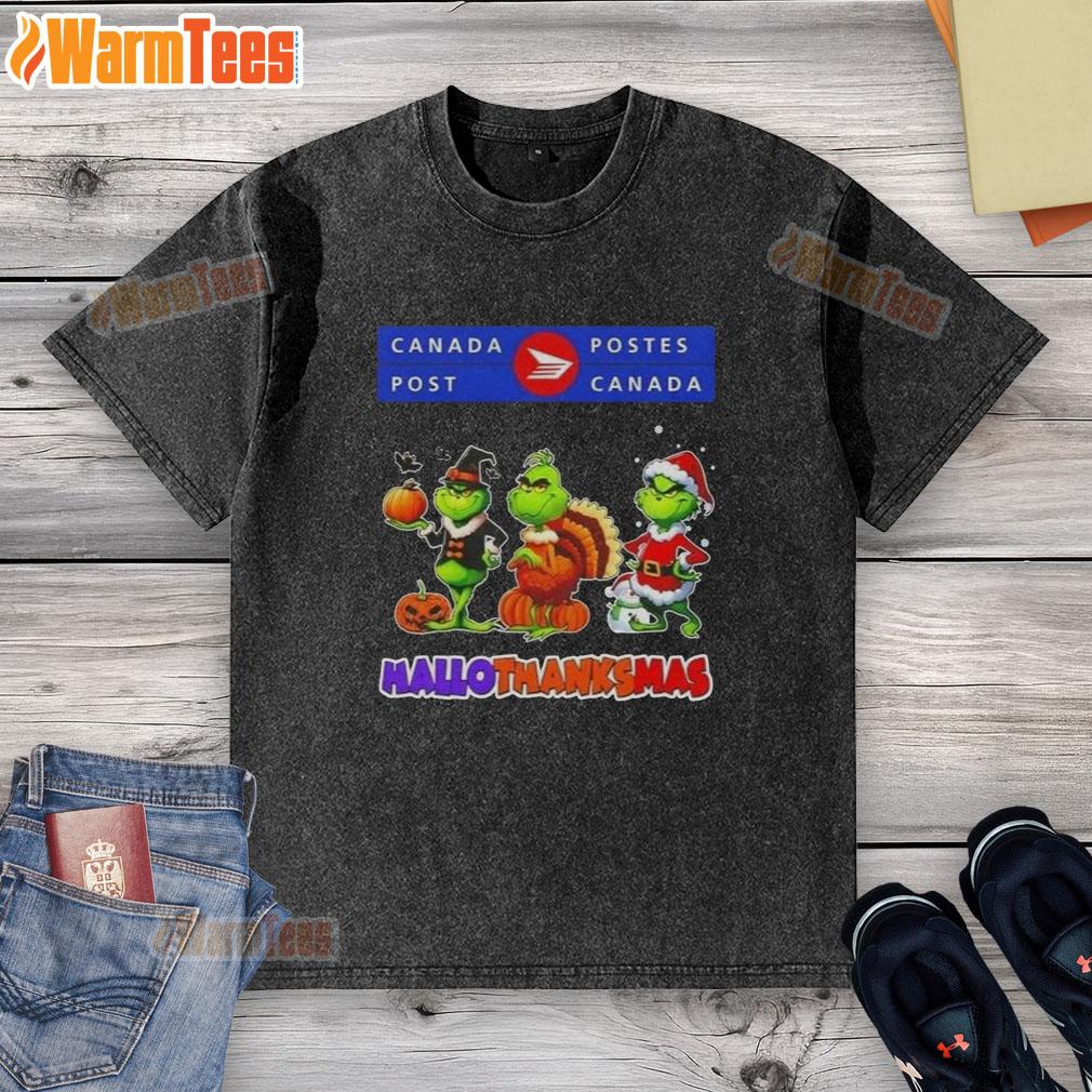 Good Canada Post X Grinch Cosplay Happy HalloThanksMas washed t-shirt featuring vibrant holiday-themed design.