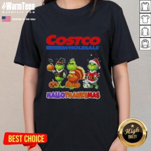 Happy HalloThanksMas ladies tee featuring the Grinch from Costco Wholesale, perfect for festive holiday cosplay.