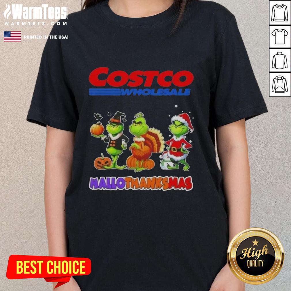 Happy HalloThanksMas ladies tee featuring the Grinch from Costco Wholesale, perfect for festive holiday cosplay.