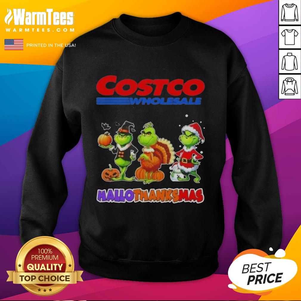 Cozy Good Costco Wholesale X Grinch cosplay sweatshirt for a festive HalloThanksMas celebration, featuring Grinch design.