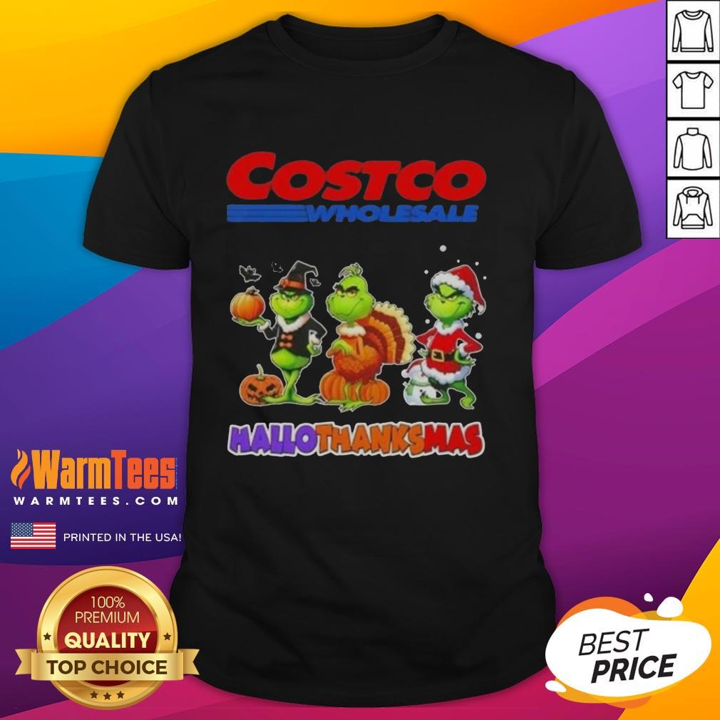 Good Costco Wholesale X Grinch Cosplay Happy Hallothanksmas T-Shirt featuring festive design and vibrant colors.
