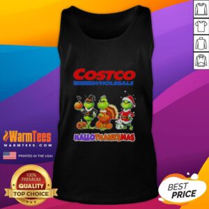 Happy HalloThanksMas tank top featuring Grinch cosplay from Costco Wholesale, perfect for festive celebrations.