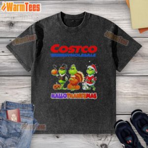Happy HalloThanksMas washed t-shirt featuring the Grinch, perfect for Costco Wholesale cosplay celebrations.