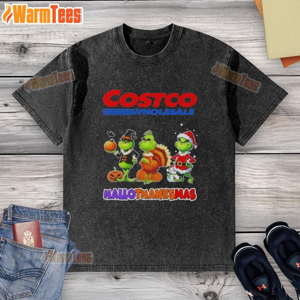 Happy HalloThanksMas washed t-shirt featuring the Grinch, perfect for Costco Wholesale cosplay celebrations.