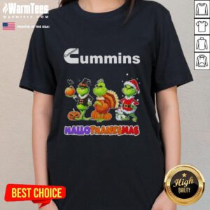 Good Cummins X Grinch cosplay tee for women celebrating Happy HalloThanksMas with festive design and vibrant colors.
