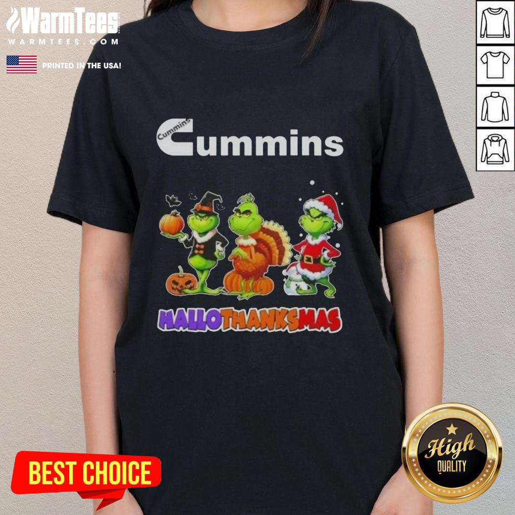 Good Cummins X Grinch cosplay tee for women celebrating Happy HalloThanksMas with festive design and vibrant colors.