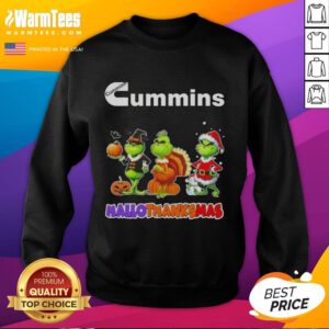 Good Cummins X Grinch cosplay sweatshirt for Happy HalloThanksMas, featuring a festive design and vibrant colors.