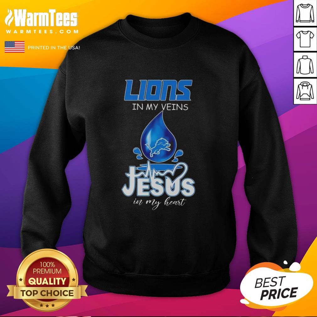 Alt Text: Good Detroit Lions in my veins, Jesus in my heart sweatshirt for football lovers, featuring drops of water design.