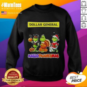 Alt Text: Good Dollar General X Grinch Cosplay Happy HalloThanksMas Sweatshirt featuring festive design for holiday celebrations.